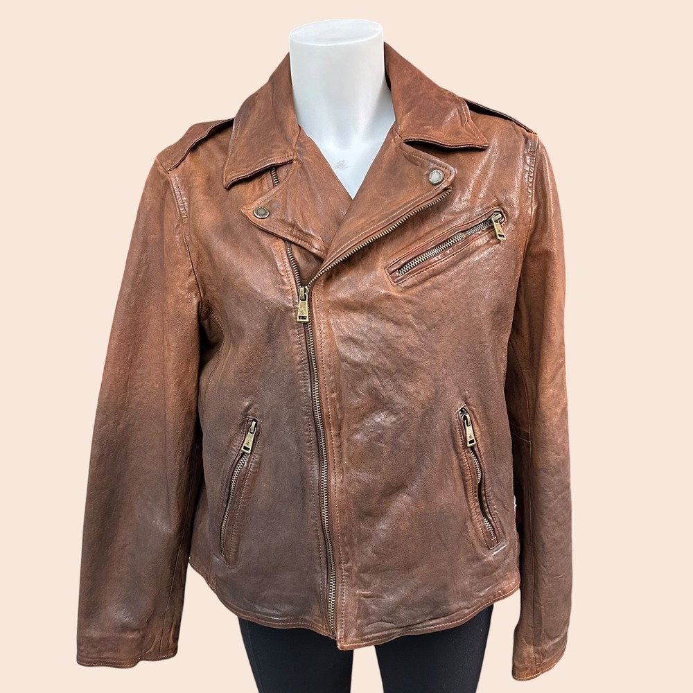 Lauren Ralph Lauren Burnished Leather Moto Jacket Lambskin Brown sz 14 New